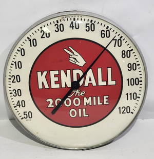Kendall "The 2000 Mile Oil" Round Thermometer: rated 9, 12"D., the round thermometer is in good condtion, has wear around rim, works, glass bezel.