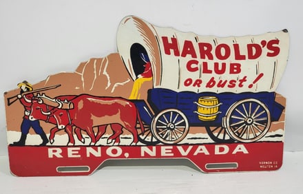 Harold's Club or Bust! Metal License Plate Attachment