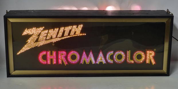 Zenith Chromacolor Fiber Optic Lighted Counter-Top Display Sign: rated 9, 11"x28"x6", the fiber-optic lighted sign in a metal light box, lights up and looks good.
