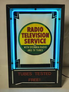 Restored Neon Counter-Top Advertising Sign: restored, 20"x13"x5", the sign lights up nicely, the bottom glass panel has vinyl lettering, Radio Television Service is a paper sign.