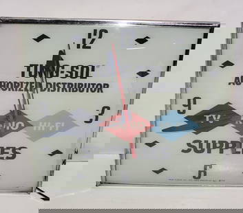 Tung-Sol Authorized Dealer TV Radio Hi-Fi Supplies Lighted Pam Clock: rated 9+, 15"D., the reverse painted glass lens is in excellent condition, marked Pam Clock, dated 1959 clock works, need new light bulbs.