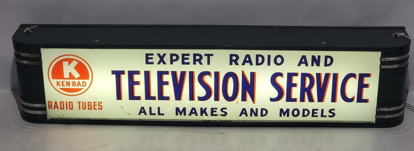 Ken-Rad Radio Tubes "Expert Radio & Television Service Lighted Sign: rated 7.75, 5.5"x26.5"x4.5", the reverse painted glass insert has minor paint loss and crazing, the metal light box has been repainted, has Lackner decal, light works.