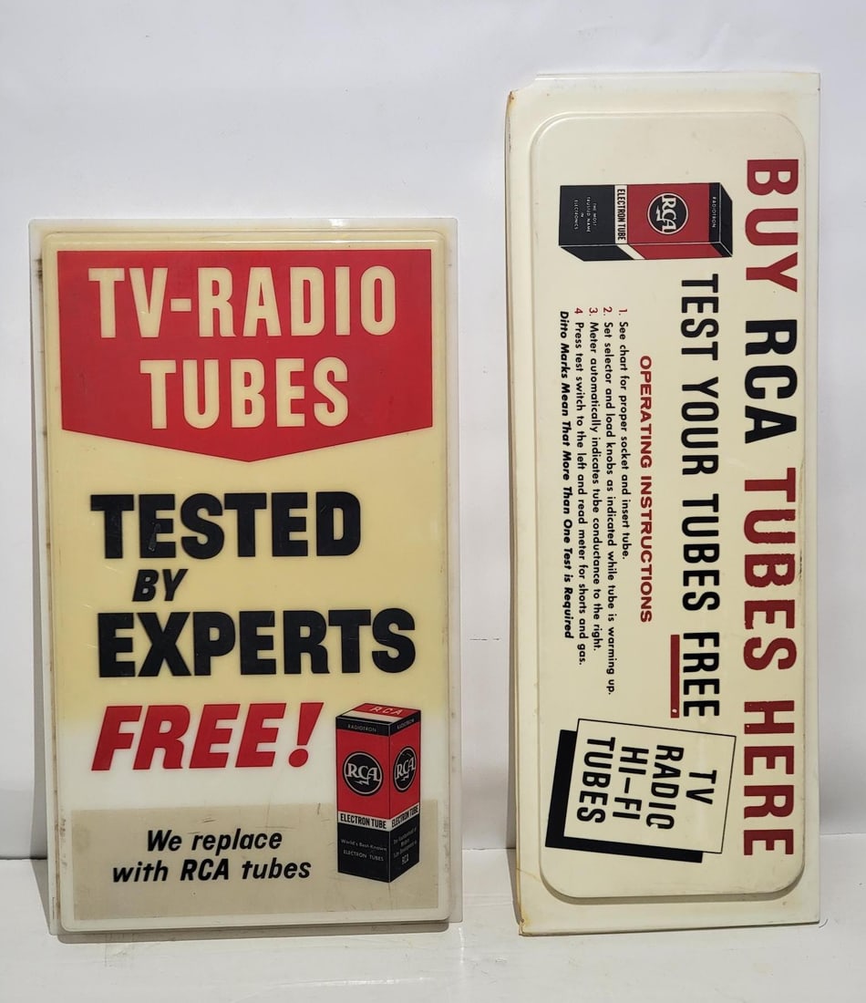2-Different RCA Radio Tubes Plastic Inserts: rated 8.25 & 7, 18"x11", in good condition is slightly yellow, no breaks, 8"x22", has good color, has damage around the perimeter.