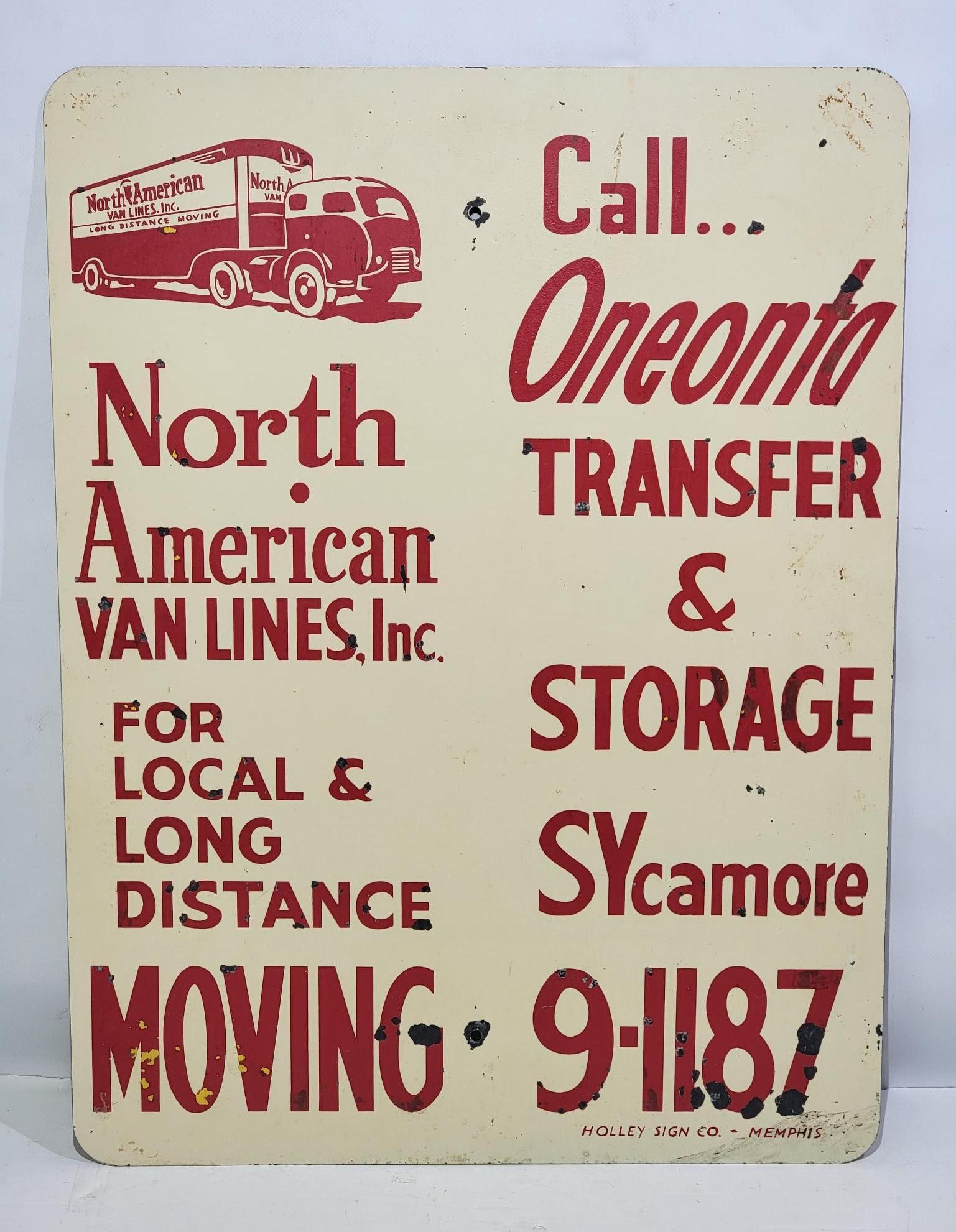 North American Van Lines w/Image Metal Sign: rated 7.5, 24"x18", the DST sign has good color, has wear, marked Holley SIgn Co. Memphis.