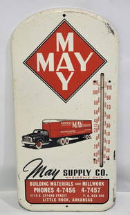 May Supply Co. w/GMC Truck Metal Thermometer (TAC): rated 8, 15'x7.5', the embossed metal sign has good color, has wear, tube is good. TAC #058687