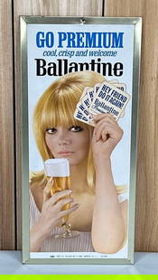 Go Premium Ballantine w/Girl Metal Sign (TAC): rated 9, 17"x7.5', the SST cardboard easel back sign has very good color and shine, dated 1967. TAC #059404