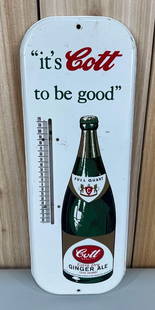 Cott Extra Dry Ginger Ale Metal Thermometer (TAC): rated 8.5, 16"x6', the embossed metal thermometer has good color and shine, has light wear, tube is good. TAC #058943