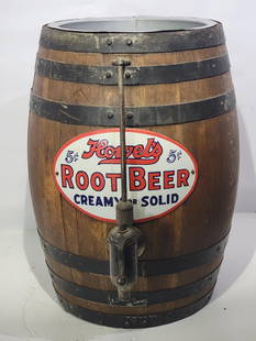 Howel's Root Beer Creamy or Solid Porcelain Sign & Barrel: sign rated 9, 7"x11.5", the SSP curved sign has good color and gloss, barrel has damage, missing it's top and more, measures rated 6, 24"T.