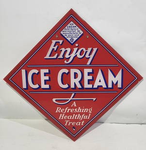 Enjoy Ice Cream "A Refreshing Healthful Treat" Hanging Glass Sign: rated 9, 14"x14", the reverse painted hanging glass sign is in very good condition, has paint chip at the top right-hand edge.