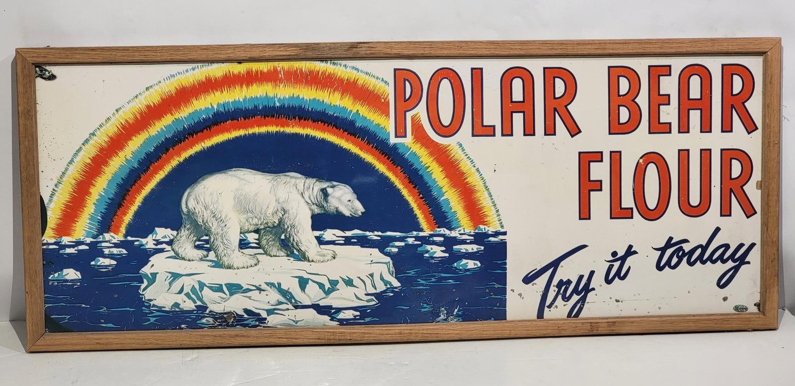Polar Bear Flour w/Image Metal Sign (TAC): rated 7.5, 12.75"x34.75", the SST sign has good color and some shine, has wear and fine scratches, has been framed. TAC #031822