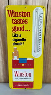 Winston Cigarette Metal Thermometer (TAC): rated 9+, 13.5"x5.25", the embossed metal thermometer has excellent color and shine, tube is glued in. TAC #058938