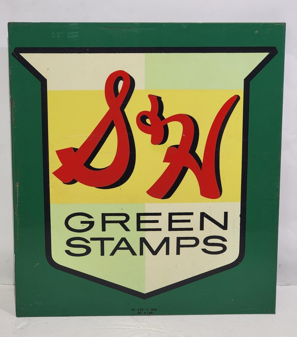 S&H Green Stamps Metal Flange Sign (TAC): rated 8.5 & 8.25, 17.25"x15.5", the metal flange sign has good color and shine, has light wear, a few fine scratches, dated 1963. TAC #058670