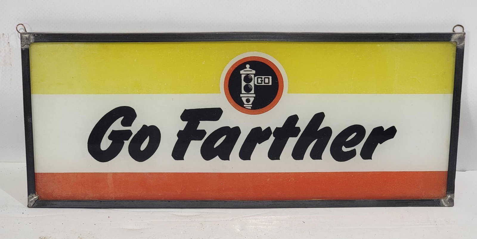 2-Signal "Go Farther" w/Logo Ad Glass: rated 9, 5"x12", the ad glass is in excellent condition.