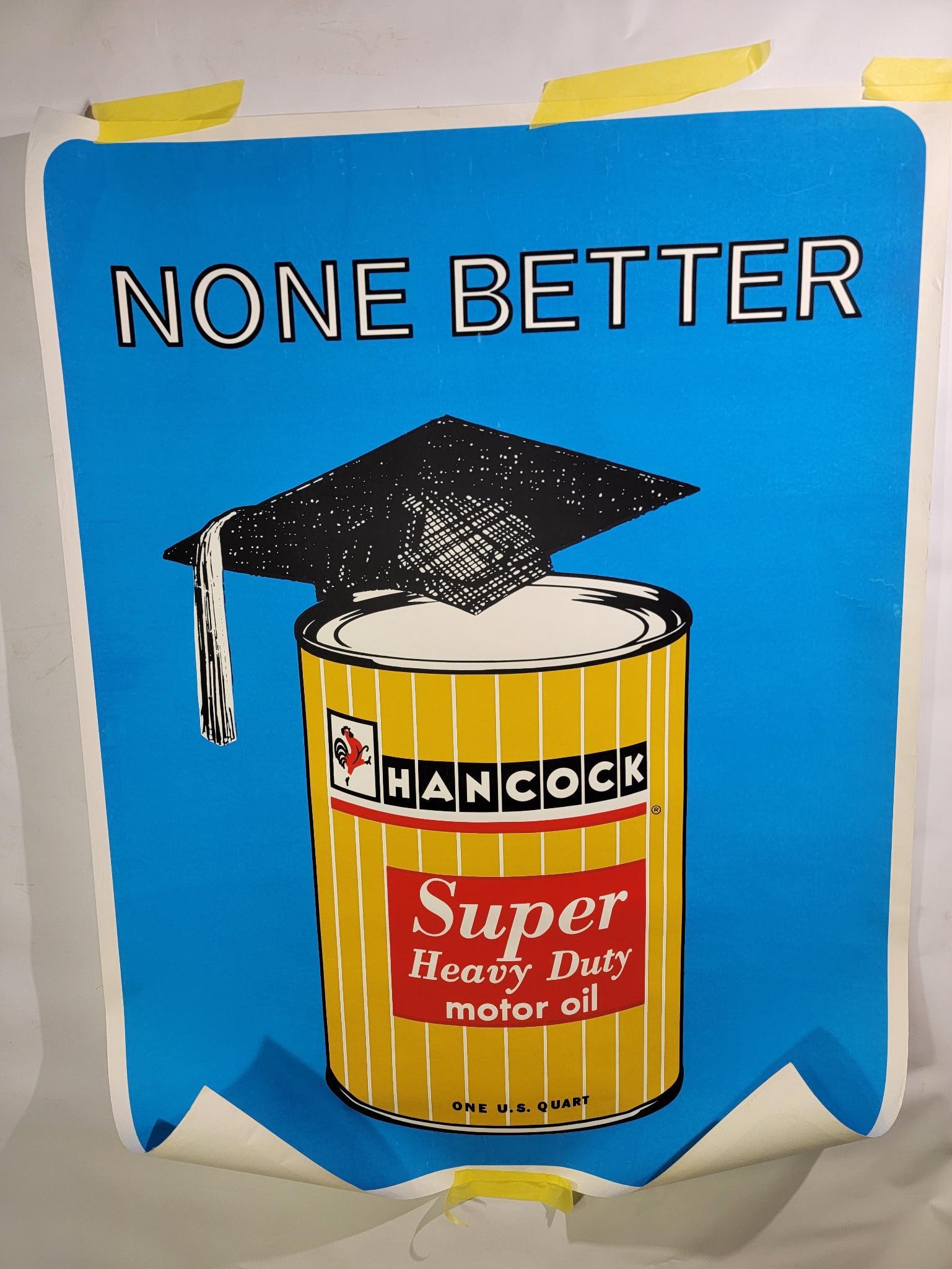 Hancock Super Heavy Duty Motor Oil Can Poster: rated 9, 46"x34", the paper poster is in very good condition.