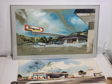 2-1960's Signal Gas Station Water Color Paintings