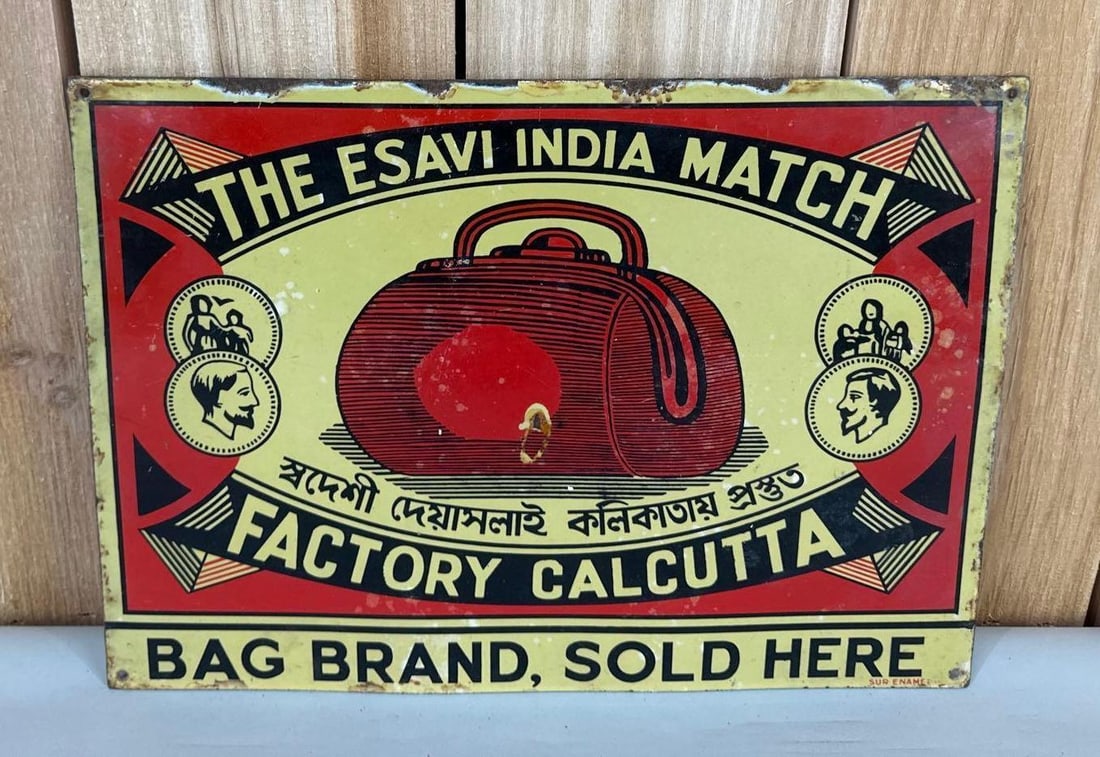 The Esavi India Match Factory Calcutta Porcelain Sign: rated 7.5, 10"x14", the SSP sign has good color and gloss, has chips and wear in the field, marked Sur Enamel.