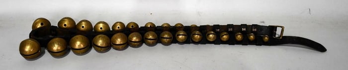 Large Set of Brass Sleigh Bells on Leather Strap