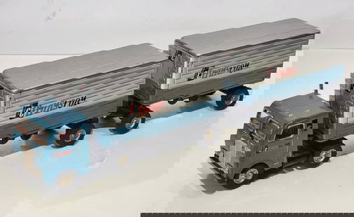 TC Transcon Semi w/Two Trailers Japanese Tin Litho Friction Truck: rated 9, 21"L., the tin friction metal truck has good color and shine, motor works, has light wear.