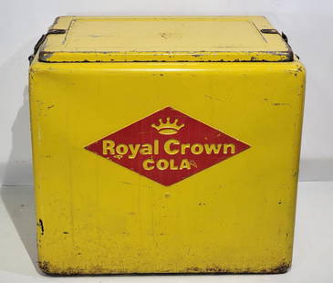 Royal Crown Cola w/Logo Metal Caring Cooler: rated 7.5, 16"x18"x14", the embossed metal cooler has good color, has wear and fine scratches.