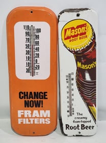 Mason Root Beer & Fram Filters Metal Thermometers