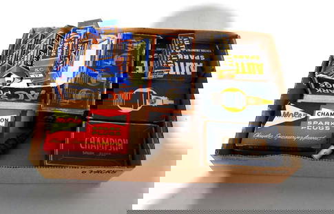 Flat of NOS Spark Plugs: a flat full of spark plugs in the box, all different brands