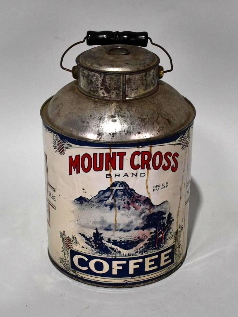Mount Cross Coffee Metal Can: 11" Tall, has excellent color and shine, shows some wear on the reverse 