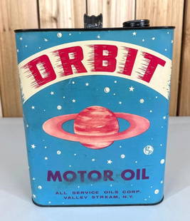 RARE Orbit Motor Oil w/Logo Two-Gallon Rectangle Metal Can (TAC): rated 8.5, two-gallon rectangle can has good color, has minor soiling, is empty. TAC #059325