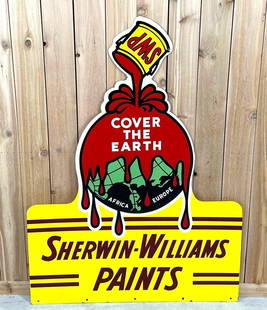 Sherwin-Williams Paints Porcelain Sign (TAC): rated 8.9 & 9c, 57"x42", the DSP diecut sign has excellent color and gloss, display has tiny flea bite chip and reverse has several. TAC #059366