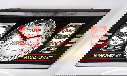 Restored Kendall Motor Oil Neon Spinner Clock: 16" x 27", Single Sided Lighted Sign & Clock, the metal can is all original paint with only some minor soiling and the original paper tag on the back yet, Art-Deco&nbsp;Can, original inside face that