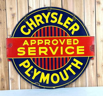Chrysler Plymouth Approved Service Porcelain Dealership Sign (TAC): rated 8.25, 42"x45", the DSP diecut sign has good color and gloss, field is clean, has extra holes in each wing and at the top, chips at the mounting holes. TAC #059414