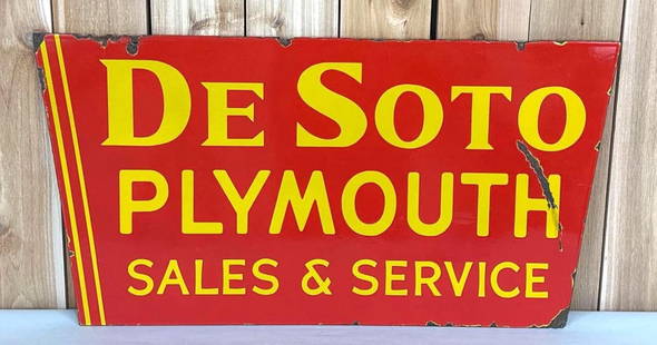 De Soto Plymouth Sales & Service Porcelain Sign: rated 7.9 & 7.5, 18"X34.5", the DSP diecut sign has good color and gloss, display has cease at the right-hand edge, chips around the perimeter, reverse the red is a little cloudy. TAC #0592041