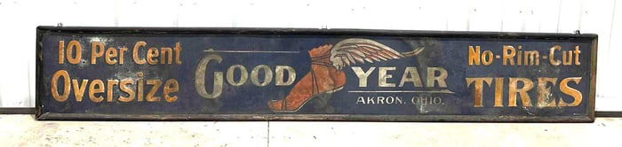 Early Goodyear No-Rim-Cut Tires w/Winged Sandals Logo Metal Smaltz Sign (TAC)