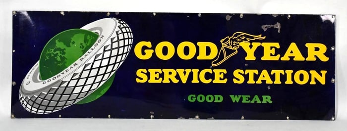 Rare Goodyear Service Station Good Wear w/World in Tire Logo Porcelain Sign (TAC)