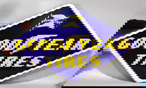 Goodyear Tires w/Both Logos Porcelain Sign (TAC): rated 8.75, 39"x65.5", the SSP rolled edge diecut sign has good color and gloss, has wear around the bottom edge. TAC #058187