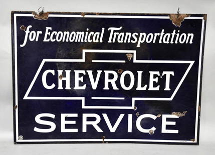 RARE Chevrolet "for Economical Transportation" Porcelain Sign (TAC): rated 6.5, 28"x40", the DSP sign has wear, staining, chips and extra holes in the field, marked Burdick. TAC #058084