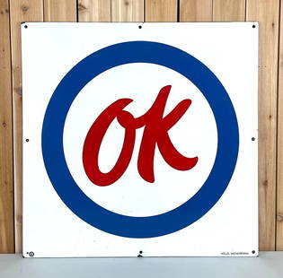 (Chevrolet) Ok Porcelain Sign (TAC): rated 9, 39.5"x39.5", the SSP rolled edge sign has excellent color and gloss, field is clean, has a few chips around the perimeter, first one of this color combo we have sold, marked. TAC #059429