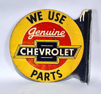 We Use Genuine Chevrolet Parts Metal Flange Sign (TAC): rated 7, 18"x18.5", the diecut metal flange sign has soiling, wear and fine scratches, over paint. TAC #058195