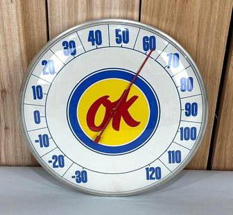 (Chevrolet) Ok Round Thermometer: rated 9.5, 12"D., the round thermometer is in very good condition, has a glass bezel, just extra nice.