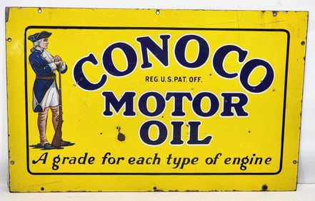 "Hard To Find" Conoco Motor Oil w/Soldier Porcelain Sign (TAC)