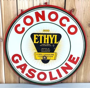 Conoco Gasoline w/Ethyl Logo Porcelain Sign (TAC)
