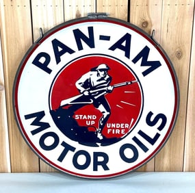 Pan-Am Motor Oils "Stand Up Under Fire!" Porcelain Sign (TAC)