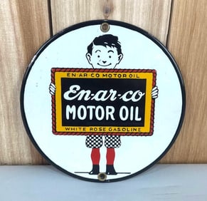 "GOOD LOOKING" En-Ar-Co Motor Oil w/Boy & Slate Logo Porcelain Sign (TAC)