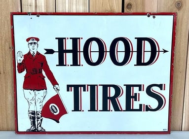 Rare Hood Tires w/Flag Man Logo Porcelain Sign (TAC)