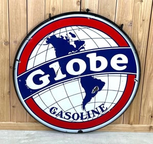 Globe Gasoline w/Western Hemisphere Image Porcelain Sign (TAC)