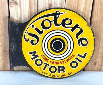Tiolene Motor Oil w/Bullseye Logo Pure Oil Co. Metal Flange Sign (TAC)