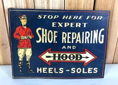 Hood Heels Shoe Repairing w/Image Metal Flange Sign (TAC)