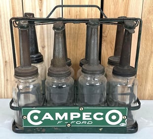 Campeco F-Ford Porcelain Sign on 8-Oil Bottle & Rack (TAC)