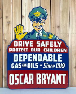 “Stellar?? Gas & Oil Drive Safely Di-Cut Police Officer Metal Road Sign (TAC): Rate 8.9, 48&rdquo; x 36&rdquo;, Single Sided Di-Cut Metal Sign, has excellent color and shine, a few fine scratches, nice colors, strong eye appeal on this sign, TAC #059486