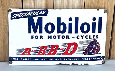 Spectacular Mobiloil w/ Motorcycle Porcelain Sign (TAC)