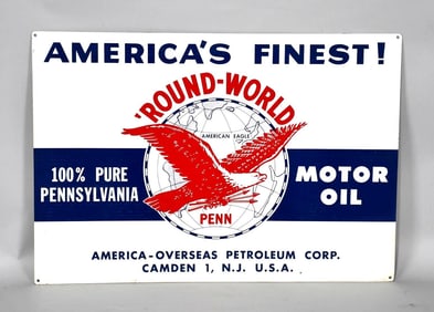 Round-World Penn Motor Oil w/Logo Metal Sign (TAC)